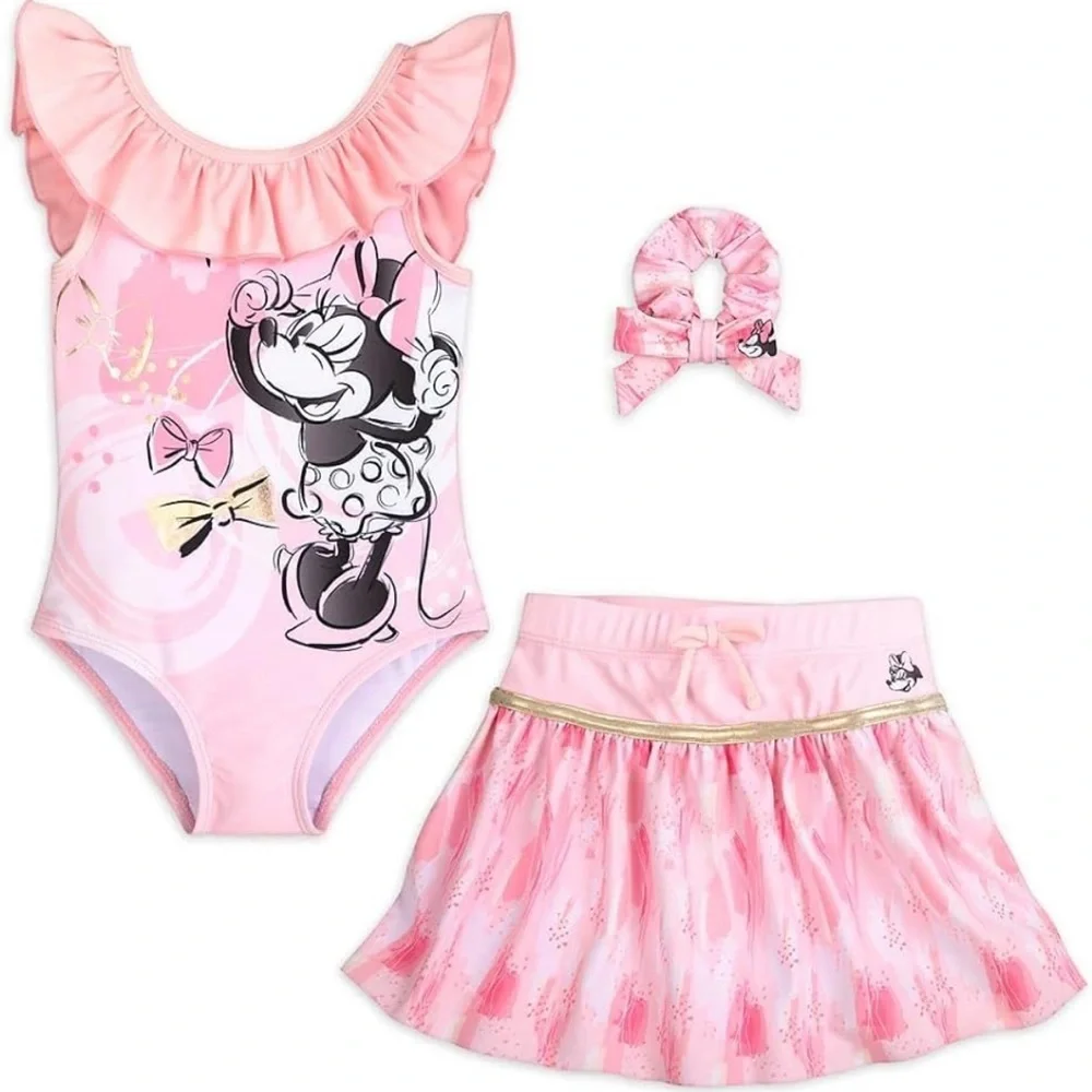 • Disney • Girls Minnie Mouse One Piece Swimsuit Pink / White 2